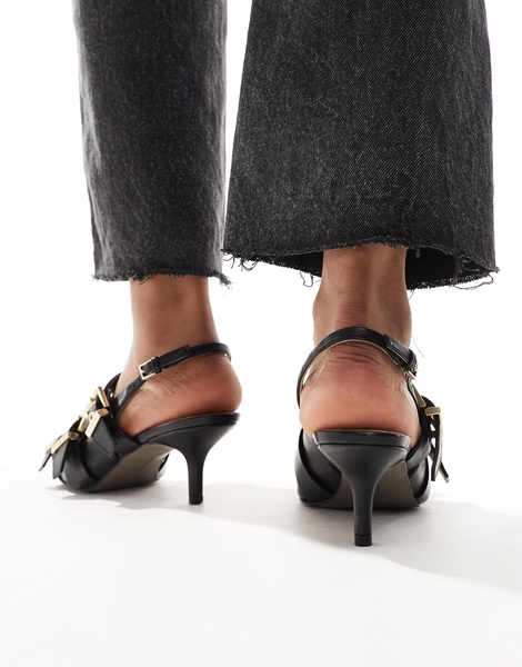 AllSaints Grace buckle sling back leather kitten heel shoes in black