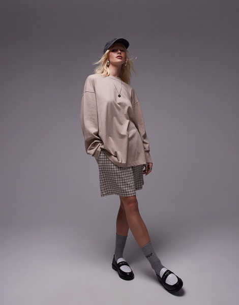 Topshop premium seam detail long sleeve skater tee in oat heather