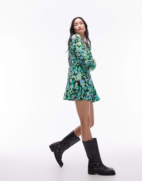 Topshop long sleeve godet mini tea dress in green floral print