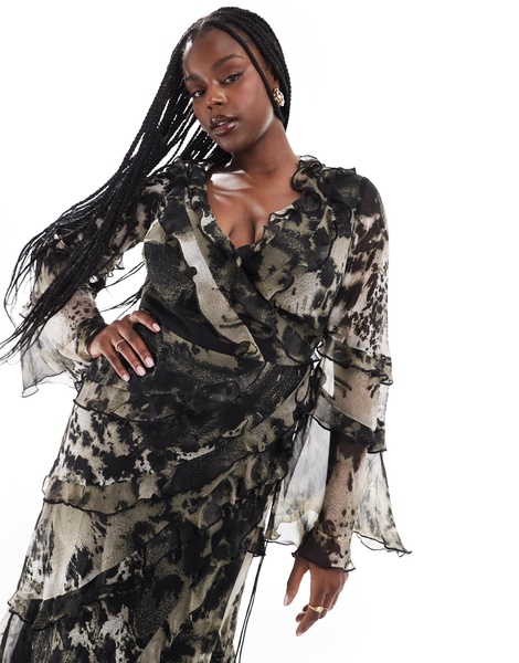 ASOS DESIGN Curve exclusive ruffle high-low hem midi dress in mono abstract print