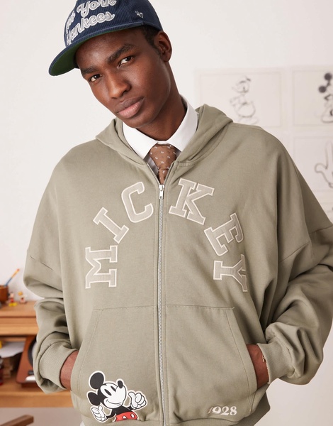 ASOS DESIGN Disney unisex boxy super oversized zip through hoodie with Mickey Mouse prints and embroidery in khaki