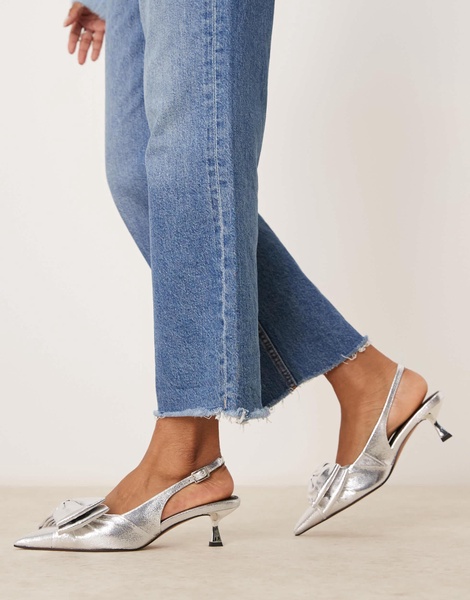 ASOS DESIGN Wide Fit Secret bow slingback kitten heeled shoes in silver