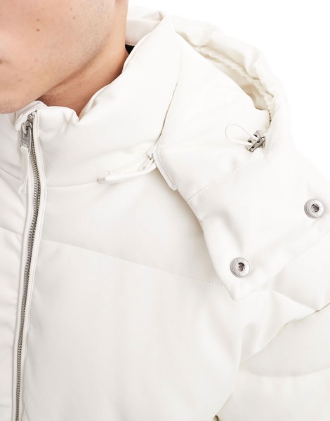 Bershka detachable hooded faux leather puffer in white
