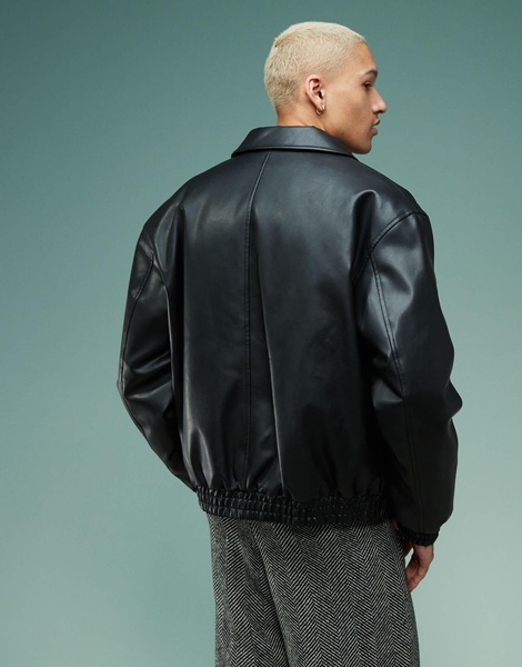 ASOS DESIGN faux leather oversized padded harrington jacket in black