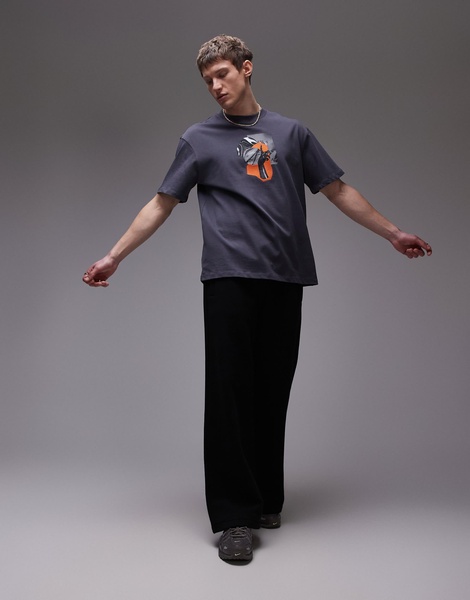 Topman x Becky Baier premium heavyweight oversized fit t-shirt with hand print and embroidery in charcoal