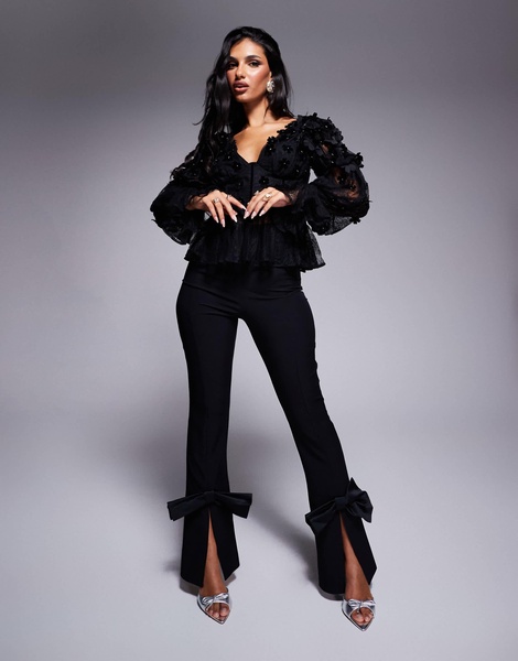ASOS LUXE mesh floral off the shoulder long sleeve top with velvet flowers and pearl embellishment in black