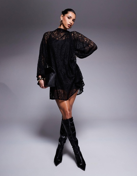 ASOS DESIGN twist neck tie blouson sleeve mini lace dress in black