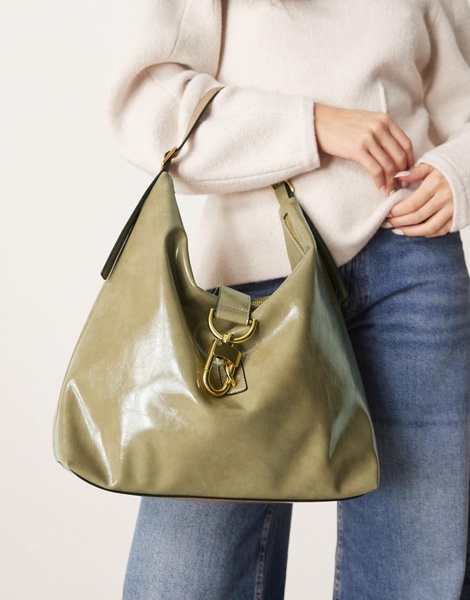 ASOS DESIGN statement buckle slouch tote bag in light khaki