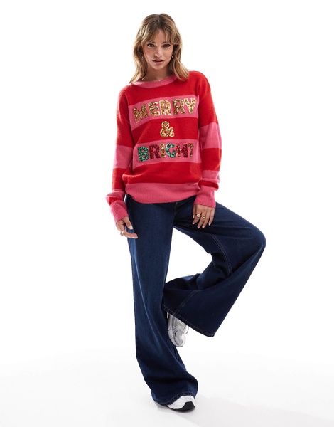 Brave Soul oversized Christmas sweater with sequins in pink and red stripe