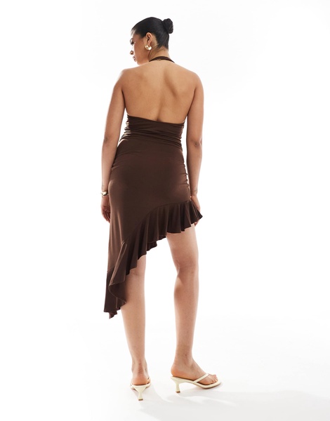 Bershka halterneck ruffle detail asymmetric mini dress in chocolate