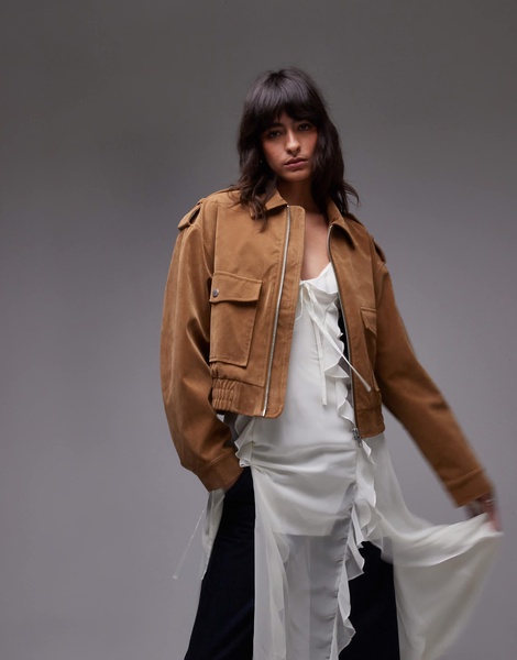 Topshop cropped faux suede bomber jacket with snap details in camel
