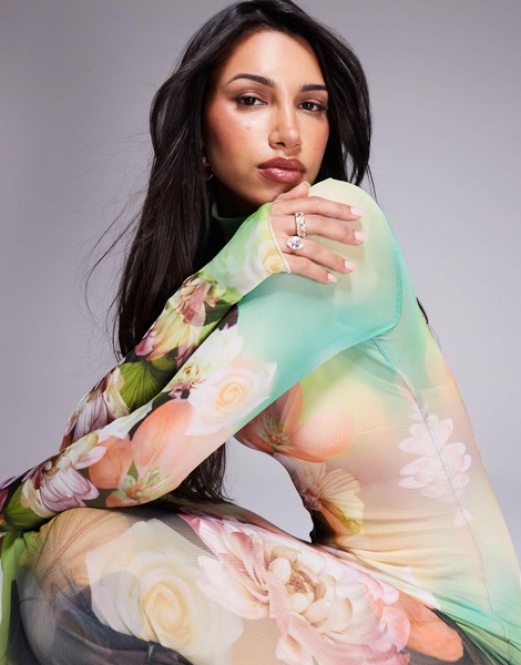 AFRM long sleeve turtleneck midi dress in green floral