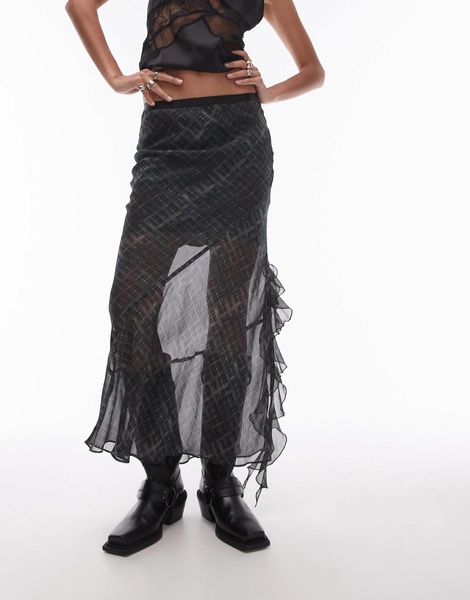 Topshop sheer panel bias maxi skirt with ruffle in grungy check