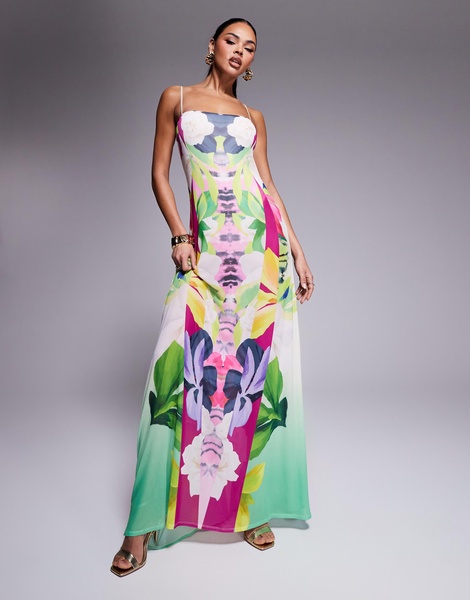AFRM Shea mesh maxi dress with bodysuit in tropical print