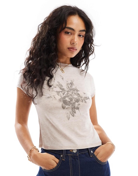 ASOS DESIGN burnout baby tee with floral graphic in taupe