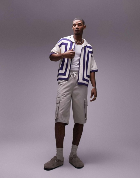 Topman knit crochet vertical stripe button up shirt in white
