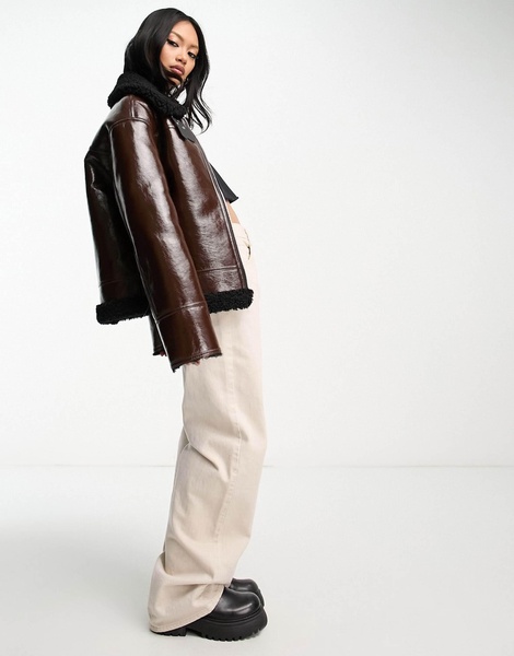 Mango aviator jacket with faux shearling lining in brown