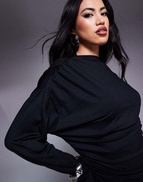 ASOS DESIGN gathered detail long sleeve top in black