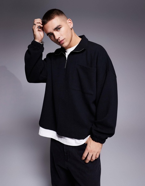 ASOS DESIGN heavyweight oversized dropped shoulder boxy sweatshirt with half zip in black rib