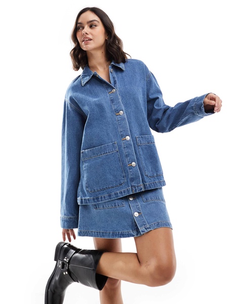 Pieces utility denim shacket in medium blue - part of a set