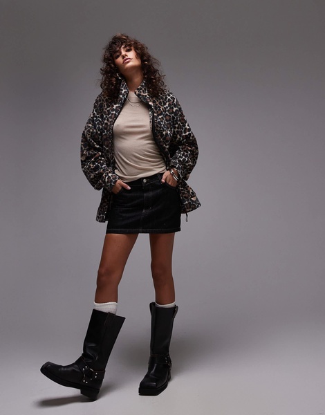 Topshop borg leopard funnel neck zip thru fleece in brown