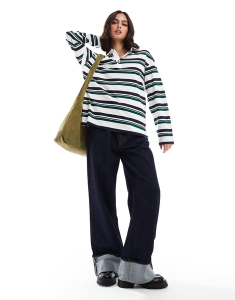 Bershka oversized rugby top in green stripe