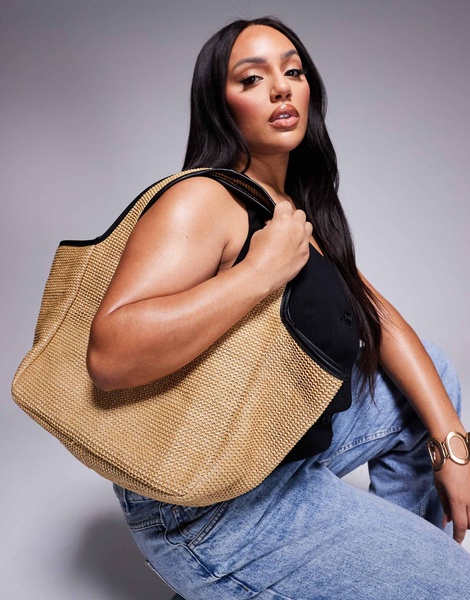 ASOS DESIGN straw tote bag with piping in natural