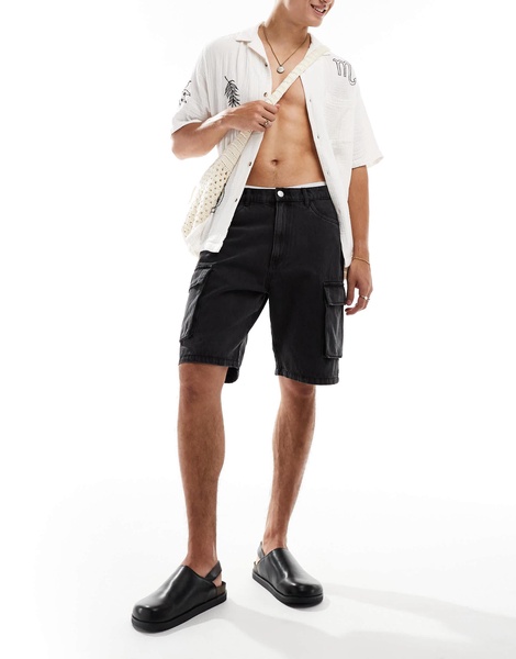 ADPT loose fit denim cargo shorts in washed black