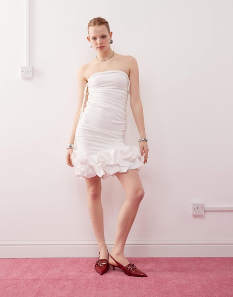 Amy Lynn tie shoulder ruched mini dress with 3D hem in white