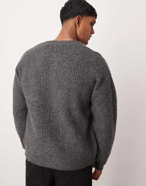 ASOS DESIGN relaxed boxy fit heavyweight knitted wool mix crew neck cardigan in gray
