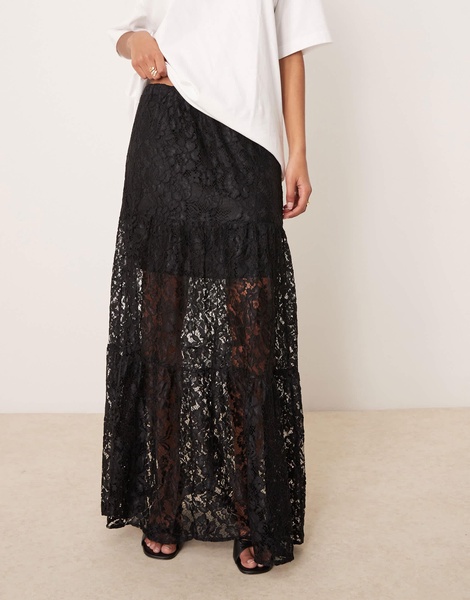 ASOS DESIGN lace tiered maxi skirt with lining in black
