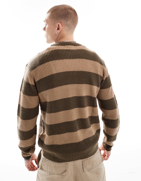 Another Influence chunky striped round neck sweater in brown