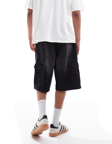 Bershka denim cargo shorts in black