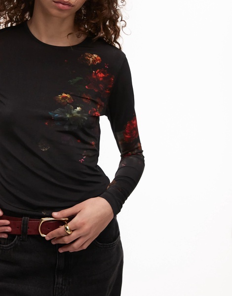 AllSaints Katlyn long sleeve mesh top in black floral