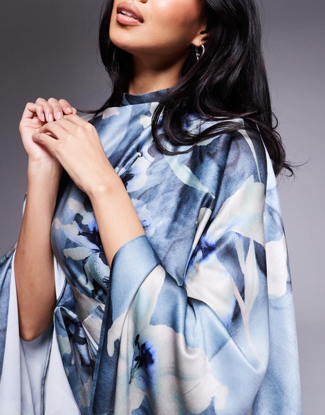 ASOS DESIGN funnel neck satin maxi dress with exaggerated sleeves in blue floral print