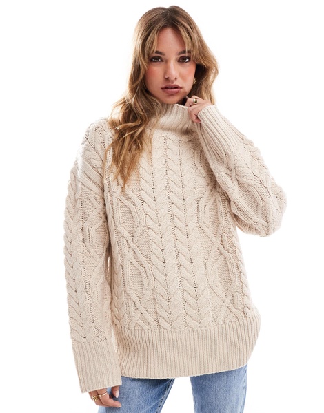 Brave Soul cable knit turtleneck sweater in stone