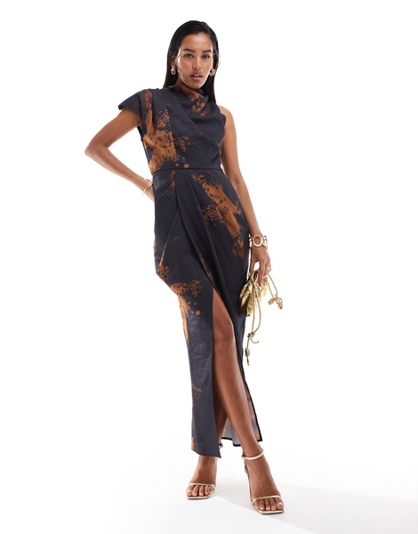 ASOS DESIGN draped one shoulder high neck midi dress in abstract floral print