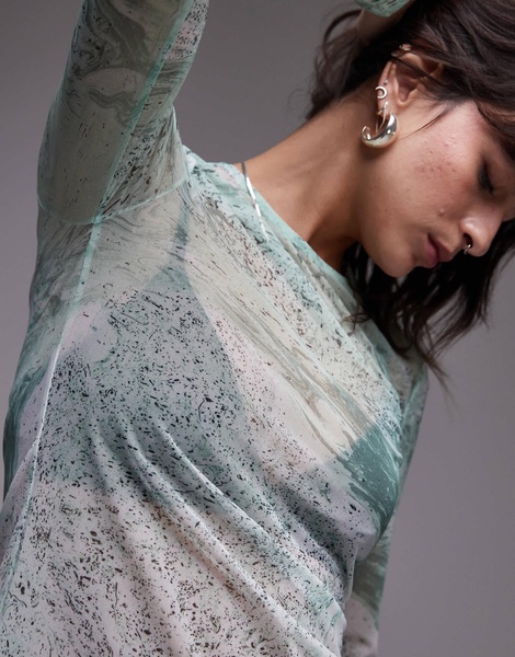& Other Stories mesh long sleeve top in green marble print