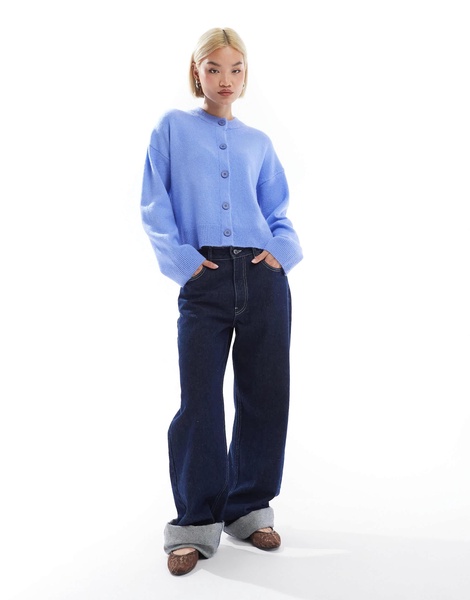 ASOS DESIGN boxy crew neck cardigan with side slit in baby blue