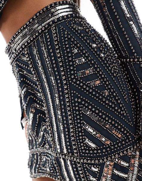 ASOS DESIGN mini skirt with pearl and sequin embellishment in dark navy - part of a set