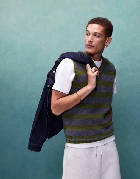 ASOS DESIGN fluffy knitted stripe vest in khaki