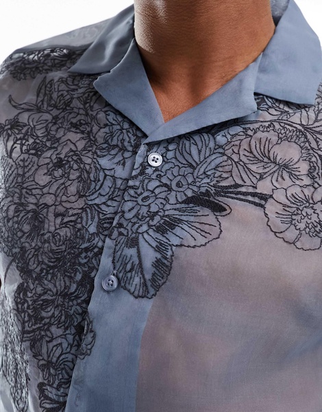 ASOS DESIGN relaxed camp collar shirt with floral embroidery in blue