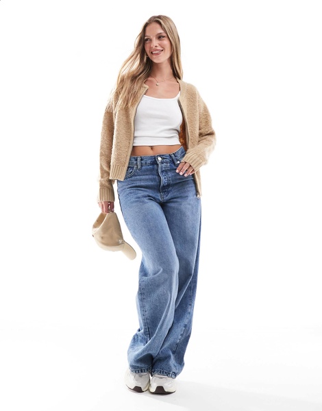 Brave Soul boucle zip up cardigan in camel