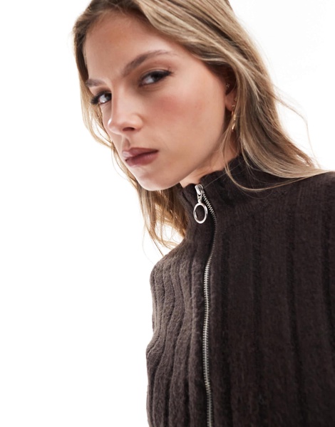 Brave Soul zip front ribbed sweater in dark brown