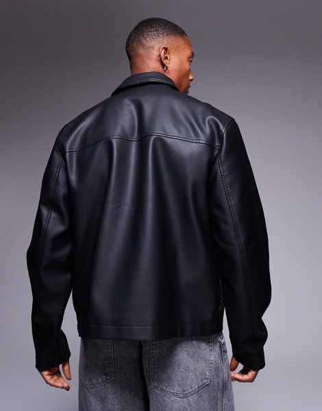 ASOS DESIGN faux leather oversized crop harrington jacket with pockets in black