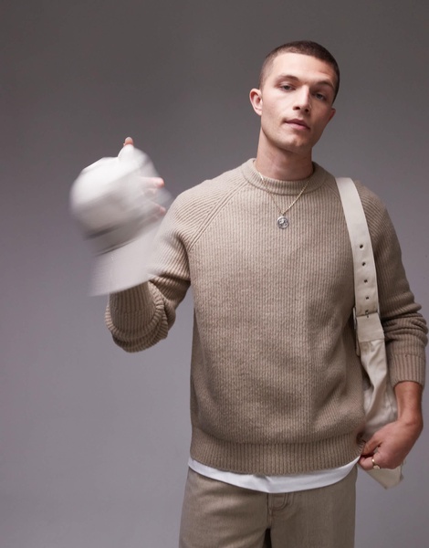 ARKET textured knitted rib sweater with raglan sleeves in beige