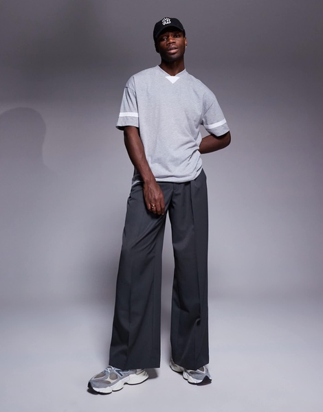 ASOS DESIGN oversized v neck t-shirt with contrast panel in gray heather