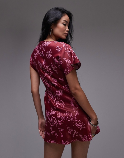Topshop ruched side grown on shoulder mini dress red print