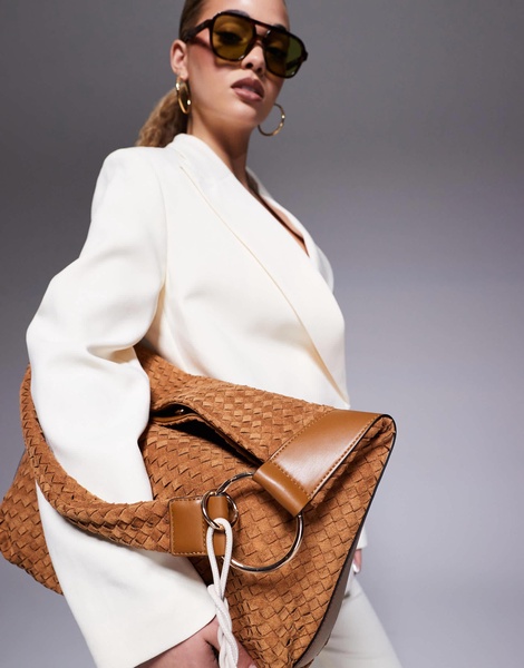 River Island suedette woven slouch bag in brown