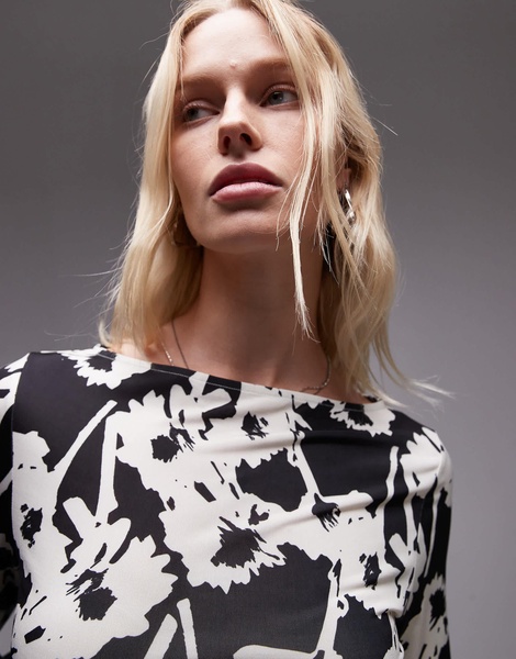 Topshop microfiber abstract all-over floral long sleeve top in mono